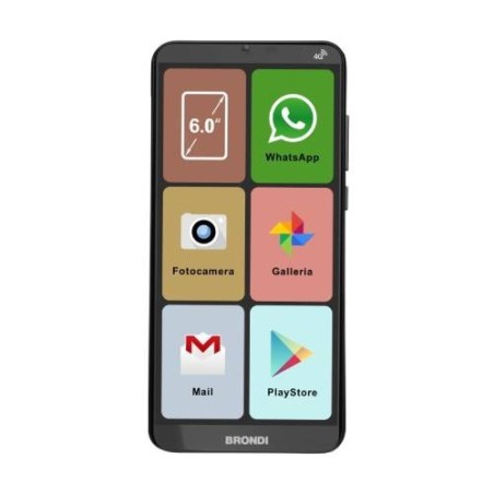 BRONDI AMICO SMARTPHONE XL, NERO per Anziani 4G LCD 6 WHATSAPP, SKYPE, GPS, BASE DI RICARICA